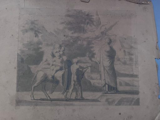 Scène champêtre avec des personnages à cheval et un homme debout.