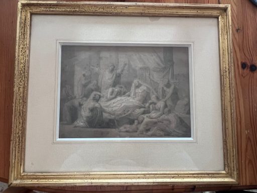 Une gravure en noir et blanc représentant une scène mythologique, encadrée élégamment.